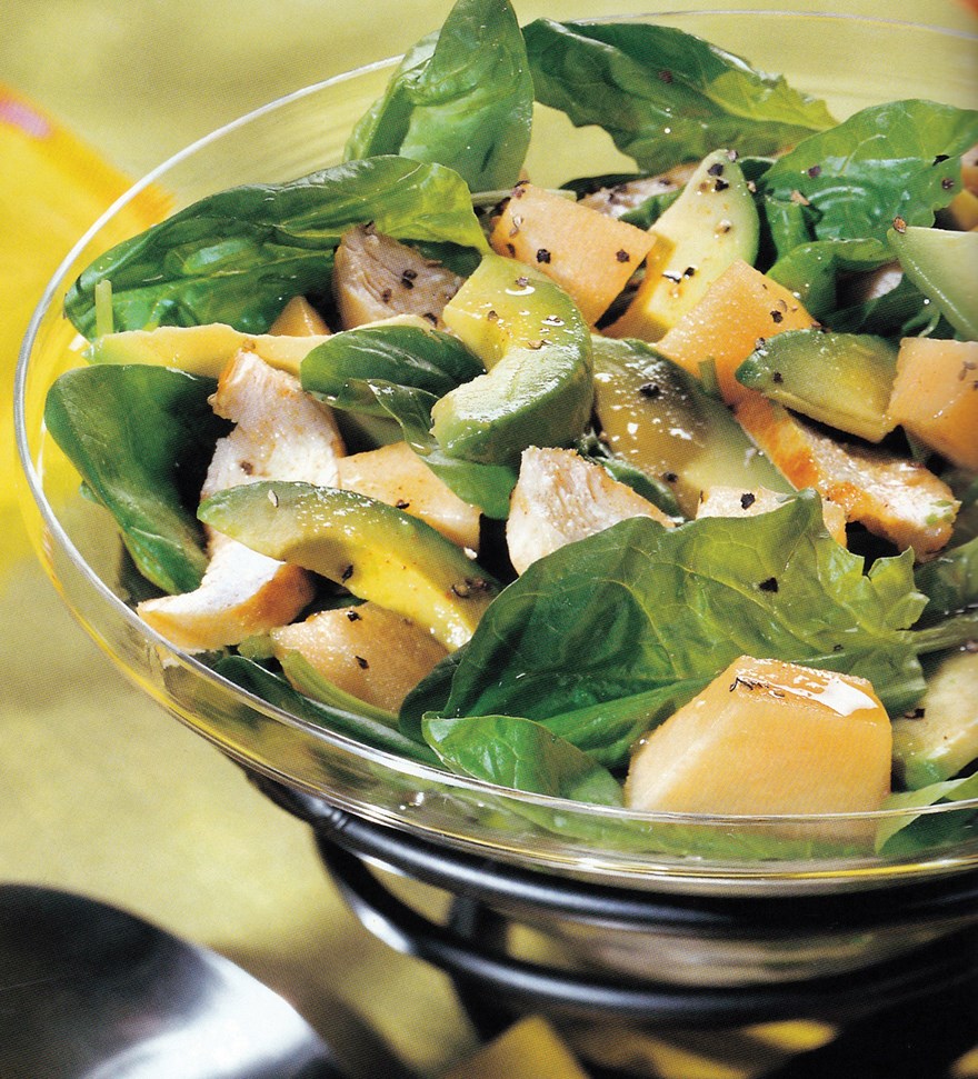 Chicken and Spinach Salad With Avocado and Fruit