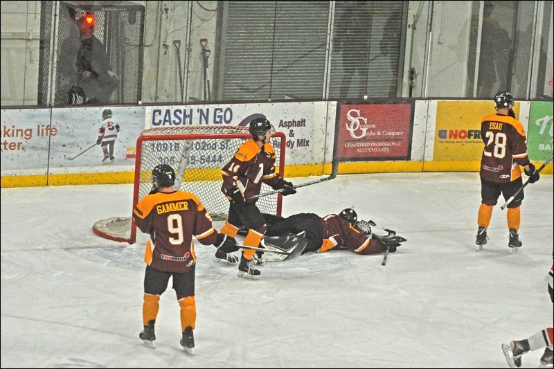 The agony: Parker Rey is victim to the first of Chantz Petruic’s four goals