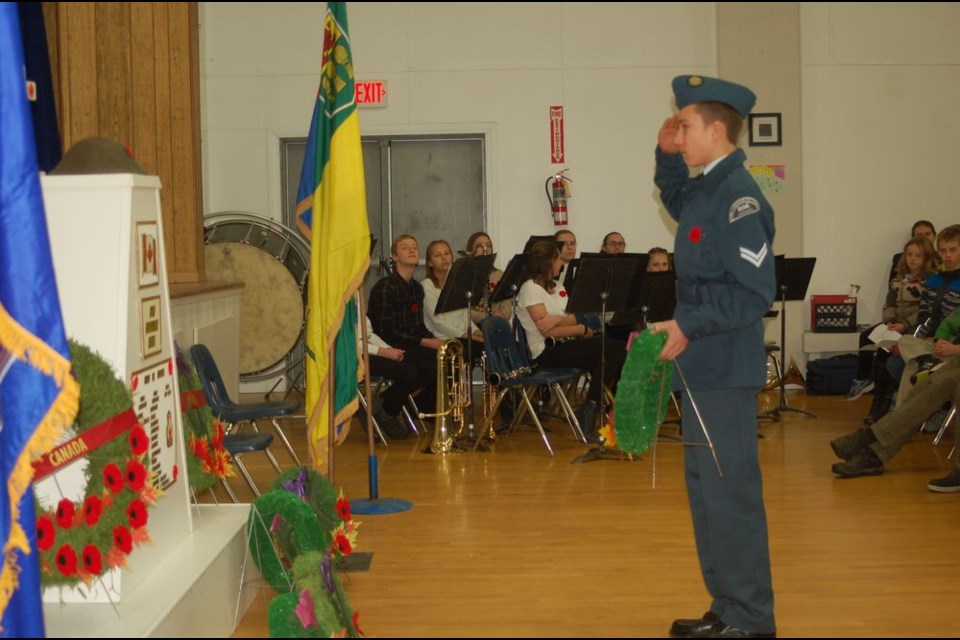 Cadet Matthew Korney laid a wreath on behalf of the Preeceville Harvard Air Cadets during the annual Remembrance Day Service held at the Preeceville Legion Hall on November 11.