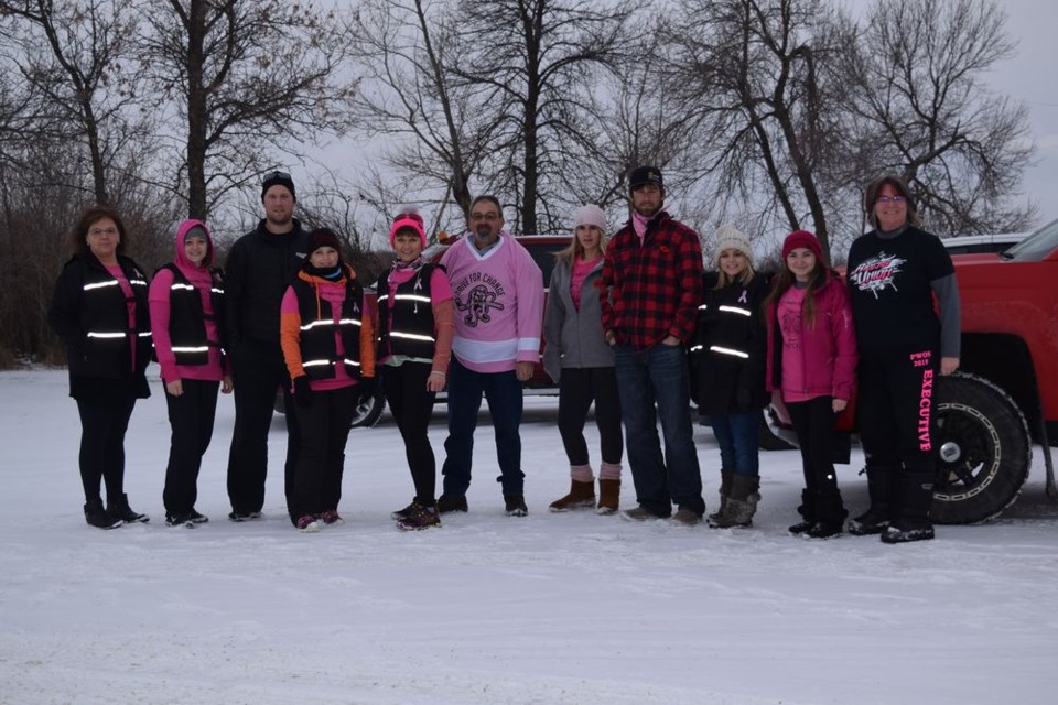 Kim Hladun of Canora said the run to Yorkton on November 9 for PWOS (Prairie Women on Snowmobiles) Mission 2020 was made possible by the valuable contributions of the volunteer members of her support team. From left, were: Marianne Hladun, Joy Hladun, Skyler Hladun, Jacky Dubas, Kim, Stan Hladun, Jessica Effa, Justin Hladun, Kylee Toffan, Amber Boychuk and Kelly Kim Rea (PWOS president). Volunteers unavailable for the photo were: Sue Checkowy, Cindy Mikush and Cynthia Wolkowski.
