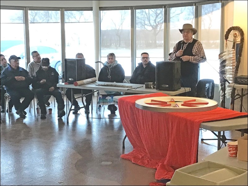 Eric Tootoosis is seen at the microphone at last week’s commemoration of the anniversary of the hanging of eight Indigenous warriors at Fort Battleford on Nov. 27, 1885.