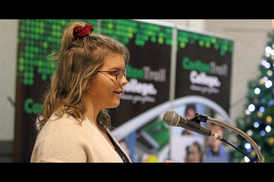 Madison Hiebert, a continuing care assistant student, spoke on behalf of the award recipients at Carlton Trail College awards dinner. Photo by Devan C. Tasa