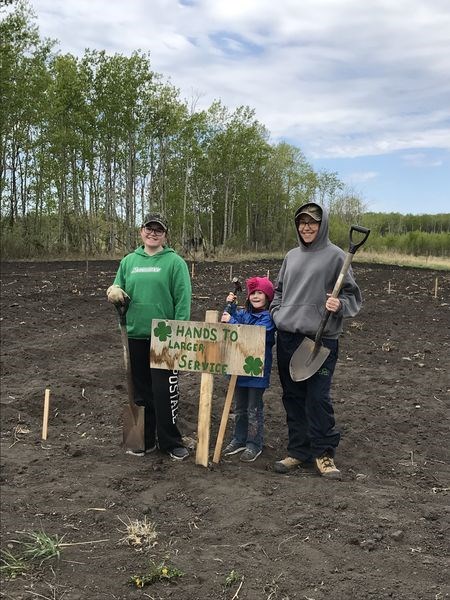 In late May, from left: Amber Macdonald, Karlie Macdonald and Caitlin Filipowich of the Good Spirit Beef 4-H Club helped plant a garden in support of area food banks, in keeping with the 4-H motto of “putting our hands to larger service.” The land for the garden was supplied by the Macdonald family farm of Invermay.