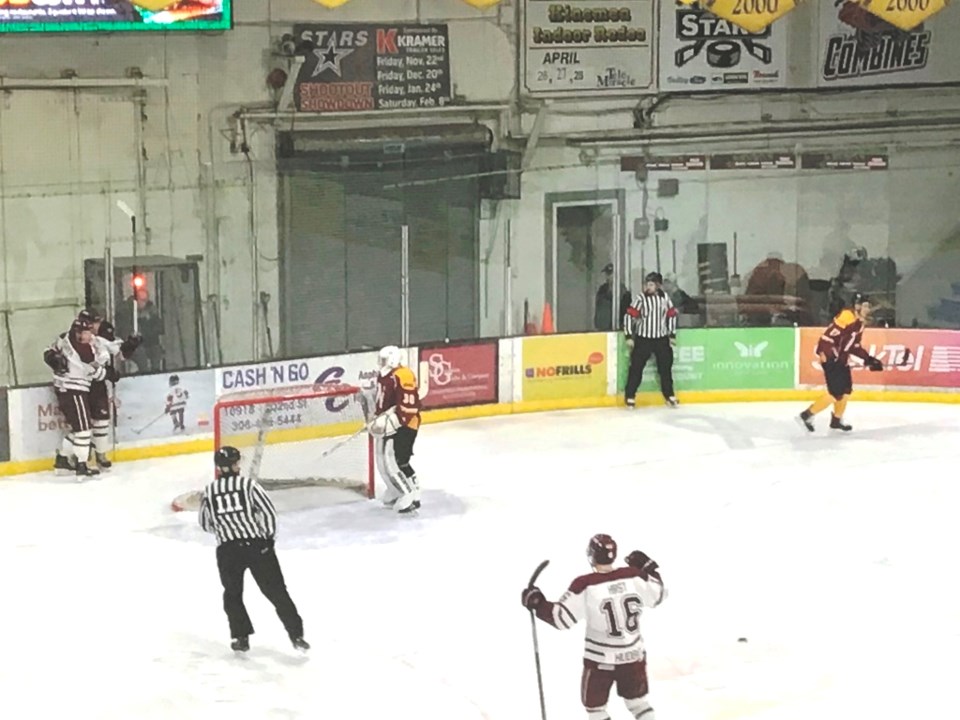 The Bombers react to a shorthanded goal by Easton Haygarth from Chase Haygarth to make it 2-0 over t