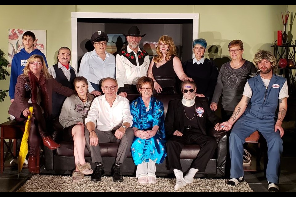 The Kamsack Players Drama Club staged the two-act comedy, No Body like Jimmy by Burton Bumgarner, on Friday and Saturday as a dinner theatre in the OCC Hall. From left, were: (back) Tyler Filipchuk, lighting and sound; Zennovia Duch as Nigel Hudson; Ellen Amundsen Case, Officer Linda; Kevin Sprong, Rick Pitman; Tanya Riabko, Emma Pitman; Nicole Larson, Officer Cooper, and Nancy Brunt, director, and (front) Maureen Humeniuk as Diane Comstock; Casey Dix, Baxter; Jack Koreluik, Ralph Vanlandingham; Karen Koreluik, Eloise Vanlandingham; James Perry, Jimmy, and Adrian Hovrisko, Harold.