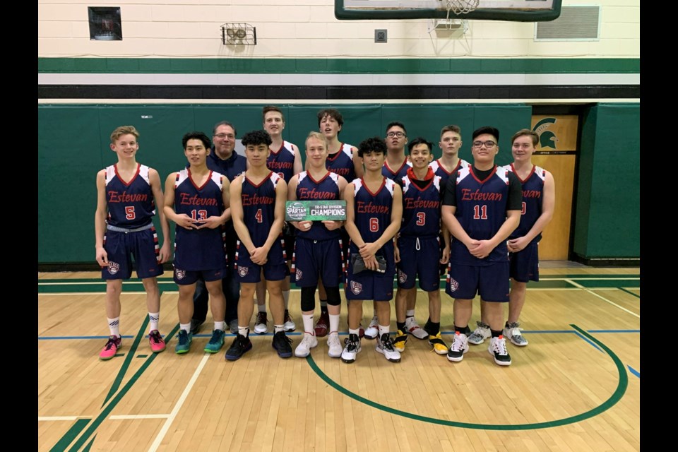 Members of the senior boys basketball team that won in Brandon were, back row, from left, coach Trevor Dutka, Reilly McGeough, Kyler Dutka, Tyrone Elguira, Aden Haywood and Riley Brooks. Front row, Kenny Reischke, Harley Ildefenso, Francois Adaya, Denys Bodnarus, Clark Cabiluna, Jethro Alegria and Kurt Pagal. Photo submitted