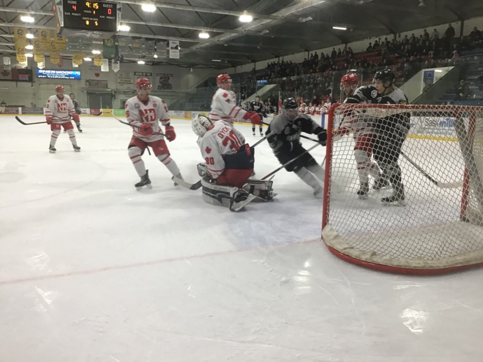 The North Stars swarm around Notre Dame netminder Logan Dyck in the first period as they dominated t