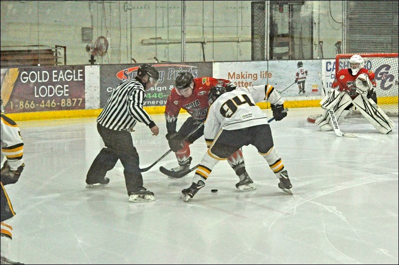This is action from Monday night's game between the Meota Combines and Radisson Wheatkings at the Civic Centre. Photo by John Cairns