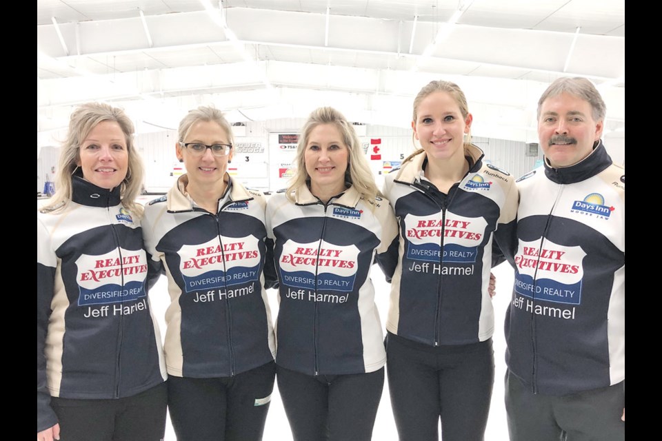 1) From left, Shalon Fleming, Candace Newkirk, Sherrilee Orsted, Jasmine Kerr and coach Bob Doerr were part of the team that won the A final of the Last Chance Bonspiel in Estevan. Photo submitted