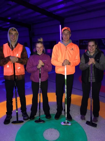 Third place in the Norquay Glow Bonspiel was captured by, from left: Seth Harris (skip), Storym Osatchuk (third), Kaden Blosha (second) and alternate Jessica Hack, standing in photo for Wade Hack (lead).
