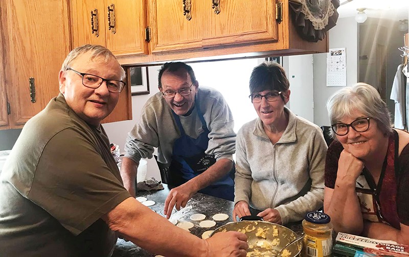 These Carlyle Lions Club members got together for a perogie-making bee at the home of Dennis Feduk. Perogies were made to be included as an auction item at the Lions annual auction on March 5. There’s the possibility of the Lions preparing these as a fundraiser if there is enough interest and would appreciate the public’s thoughts on this. Pictured L-R: Dennis Feduk, Craig Savill, Heather Vermeersch and Pat Anderson.