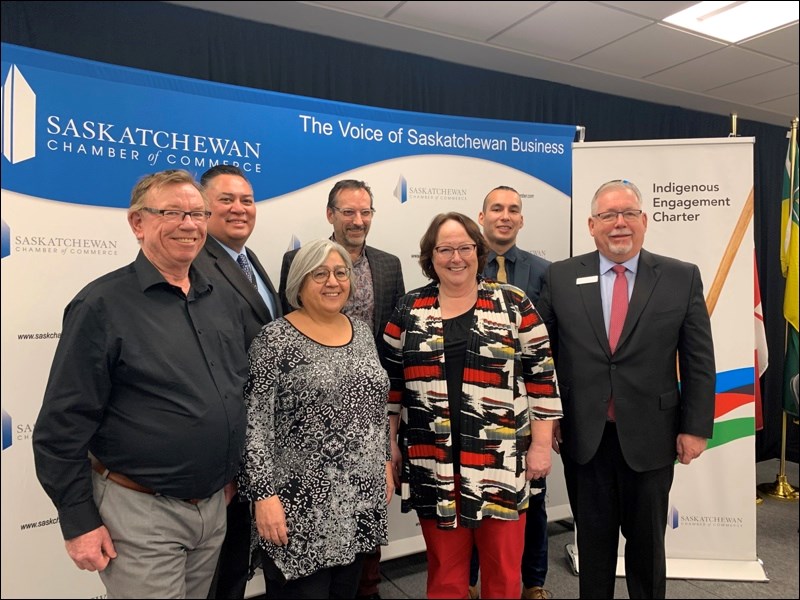 The Battlefords Chamber has formally signed on for three years to the Saskatchewan Chamber’s Indigenous Engagement Charter. Seen here are: back row - Chair Harris Sutherland, chamber member Terry Caldwell (who signed on behalf of his own business), Nick Crighton, director of Indigenous Engagement with the Sask. Chamber of Commerce; front row - chamber directors Warren Williams and Vivian Whitecalf, Chief Operating Officer Linda Machniak and Steve McLellan, CEO of the Saskatchewan Chamber of Commerce.