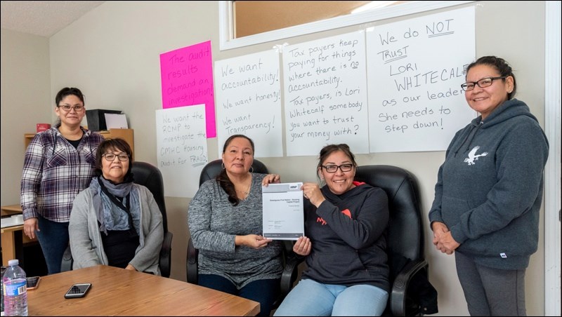Several women occupied Sweetgrass First Nation band office Thursday to draw attention to an audit report into a 10-unit housing project. In the photo are Lavina Adams, Constance Paskemin, Val Earl, Melanie Favel and Greta Fineday. Photos by Averil Hall