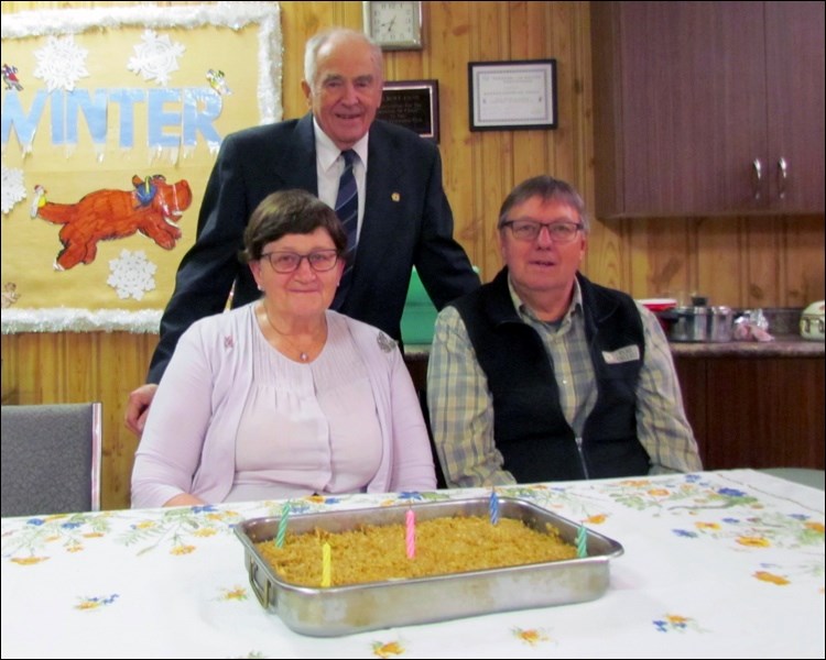Members of the Borden Friendship Club celebrating January birthdays are Lorraine Olinyk, Ron Tumbach (seated) and Wendell Dyck. Photo submitted by Lorraine Olinyk