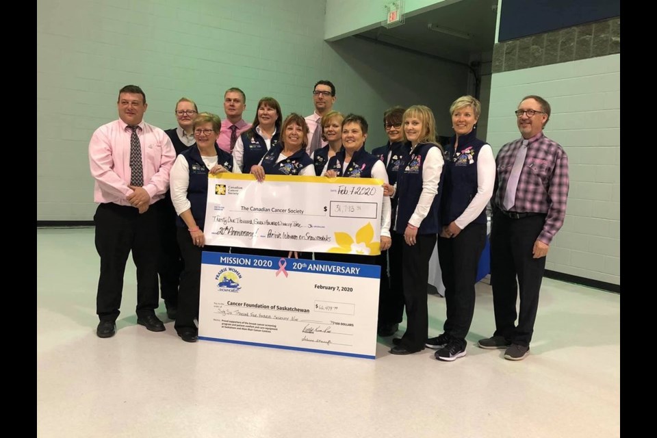 The Prairie Women on Snowmobiles (PWOS) kicked off their 20th annual ride through the province with a banquet on February 1 in Humboldt. Nine core riders left Humboldt on February 2 for their six-day, 1,400 kilometre ride around Saskatchewan. Photographed with their pit crew, from left, were: (back row) Clinton Taylor, Karen Wyatt, Reagan Roszell, Pam Stone, Cory Shiloff, Lynn Roszell, Kim Hladun, Wanda Latimer and Darwin Kells., and (front) Elma Fisher, Alison Taylor, Karen Wudrich-Mattock and Kelsey Shiloff.