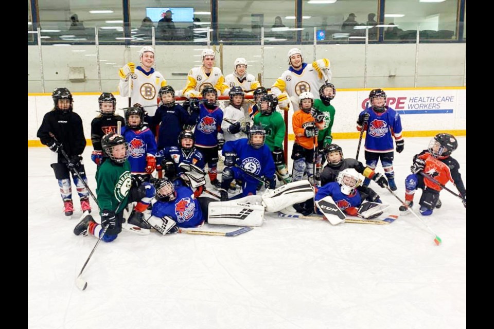 Eric Boers, Dane Sardelli, Kade McMillen and Mason Strutt of the SJHL Estevan Bruins, tested their skills with the Carlyle Novice Cougars on Thursday, Feb. 6 at Carlyle Sports Arena.