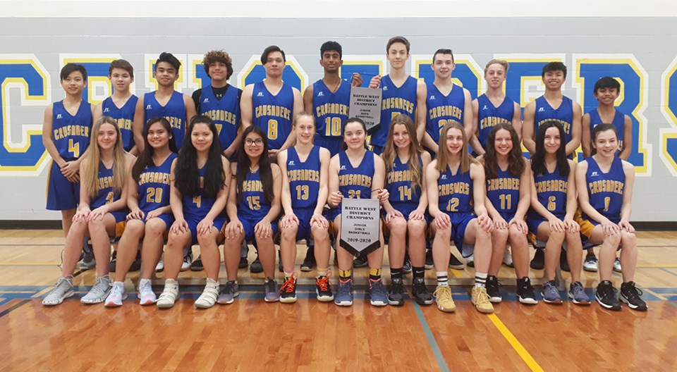 Seen here, both the John Paul II Crusaders boys and girls junior basketball teams. Photo submitted.