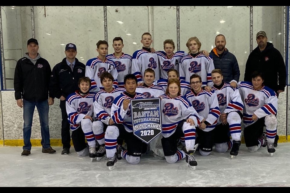 The Preeceville Bantam Pats hockey team brought home the A Side Banner championship at the Swan River Bantam Tournament held in Swan River, Man. on February 14 to 16. Team members and coaching staff from left, were: (back row) Derek Ryczak (assistant coach), Jason Anaka (head coach), Archer Franklin, Hudsyn Nelson, Zachary Sorgen, Logan Wolkowski, Nathan Anaka, Dwight Sorgen (assistant coach) and Dwayne Wolkowski (assistant coach); (middle) Bronson Heshka, Spencer Leech, Skylar Ryczak, Zander Purdy, Hunter Lamb, Keegan Dyck and Brody Shankowsky and, (front) holding the banner Xage Miraflor and Porter Wolkowski.