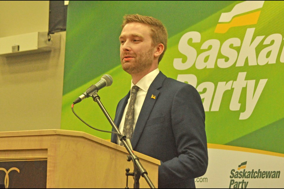 Jeremy Cockrill speaks to supporters after winning the Sask. Party nomination Thursday at the Dekker Centre.