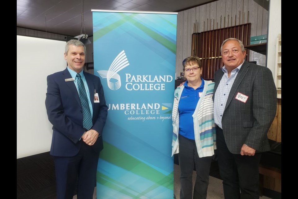 From left, were: Mark Hoddenbagh of Parkland College, Nancy Brunt, mayor of Kamsack and Terry Dennis, Canora-Pelly MLA, at the strategic plan community engagement session in Kamsack on February 25.