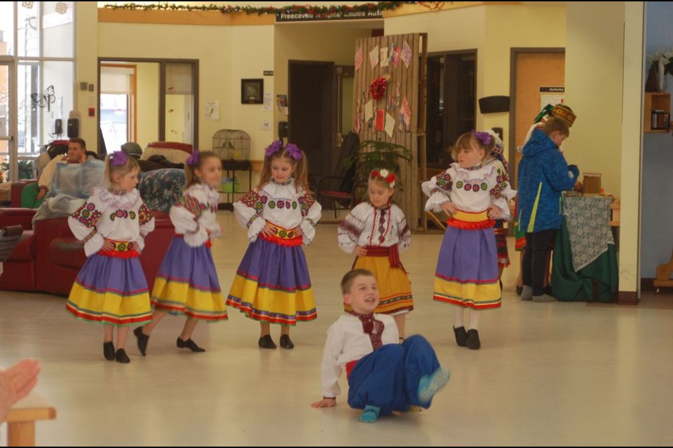 The younger members of the Barveenok Ukrainian Dance Club dancers who performed, from left, were: Maycee Johnson, Lily Beatty, Lindy Romanchuk, Emily Beatty and Elizabeth Ivanochko, and (front) Kaleib Federuik.