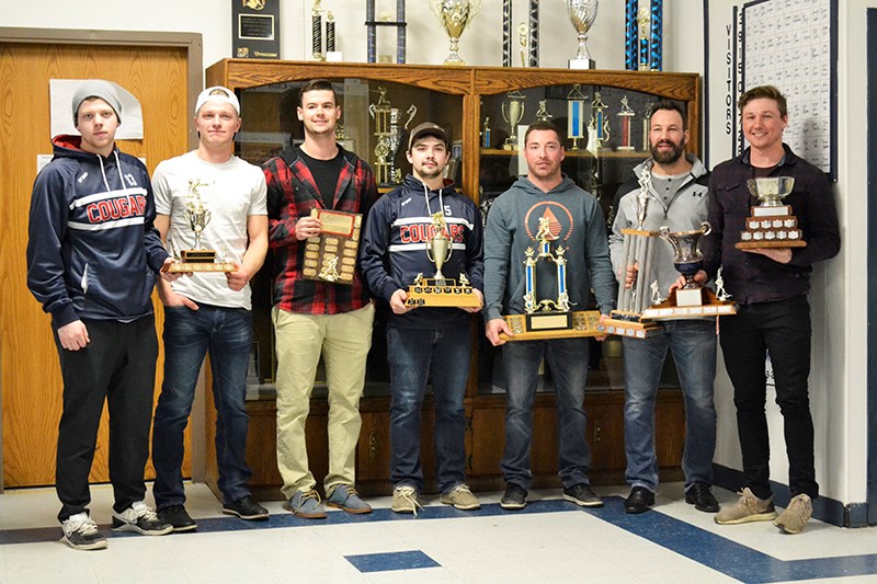 L to R: 2019/20 Carlyle Cougar individual award winners: Sam Mathewson and Braden Librion, co-winners of Most Improved; Dakota Rose, Rookie of the Year; Brett Turgeon, Mr. Hustle; Ben Johnstone, MVP Regular Season; Tyler Fleck, Most Dedicated; Devon McGonigal, Top Scorer. Missing from photo: Carter Struthers, Best Defenseman.