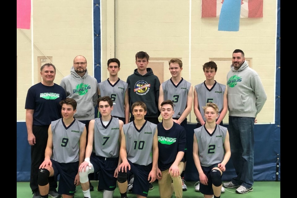 The Yorkton Bongo Volleyball team. Back Row - Dion Pfeifer (coach), Brad Surjik(coach), Reid Pfeifer, Austin Andres, Jakob Surjik, Seth Pauwelyn, Brandon Needham(coach). Front Row - Jaron Weinmaster, Josh Needham, Colby Smith, Nathan Matechuk, Justin Adam. Not pictured: Justin Schultz