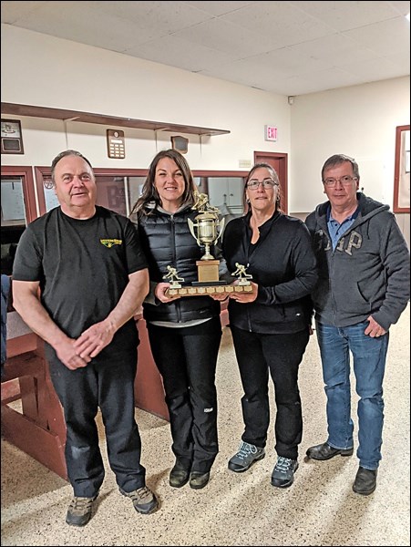 Winners of the A Event at the Meota Bonspiel: Dave Garner , Mary Haas, Karen Schmidt and Dale Grant. Photos submitted by Lorna Pearson