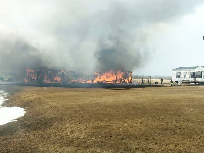 Manor, Carlyle and Redvers fire departments were called to a fire in the Village of Manor on April 8. A mobile home was completely destroyed and the Ariss home suffered extensive damage. (See next week's Observer) for complete story and more photos).