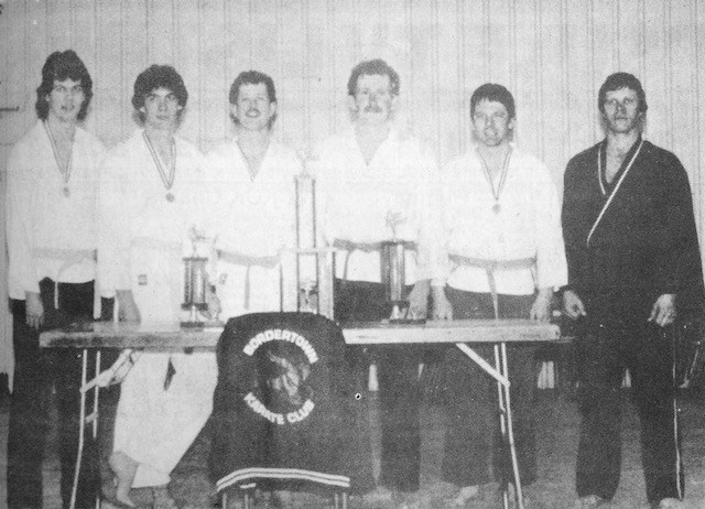 Pictured are competitors of the Border Town Karate Club. From left, Dave Cook, Doug Cook, Paul Marcotte, Bryan Dew, Joe Dyer and Sensei Dave Friedrick.