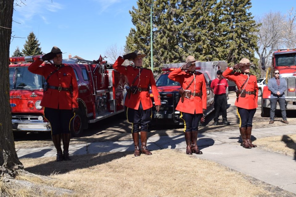 Members of the Canora/Sturgis RCMP Detachment saluted the flag on April 24 at the Canora Detachment during a two-minute silence to honour Cst. Heidi Stevenson, the fallen Nova Scotia RCMP officer.
