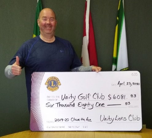 The Unity Lions made their Chase the Ace presentations, virtually, to Unity Golf Club and museum, while also presenting just over $1,200 each to the Unity Paw Park and KC Rescue. Photos submitted