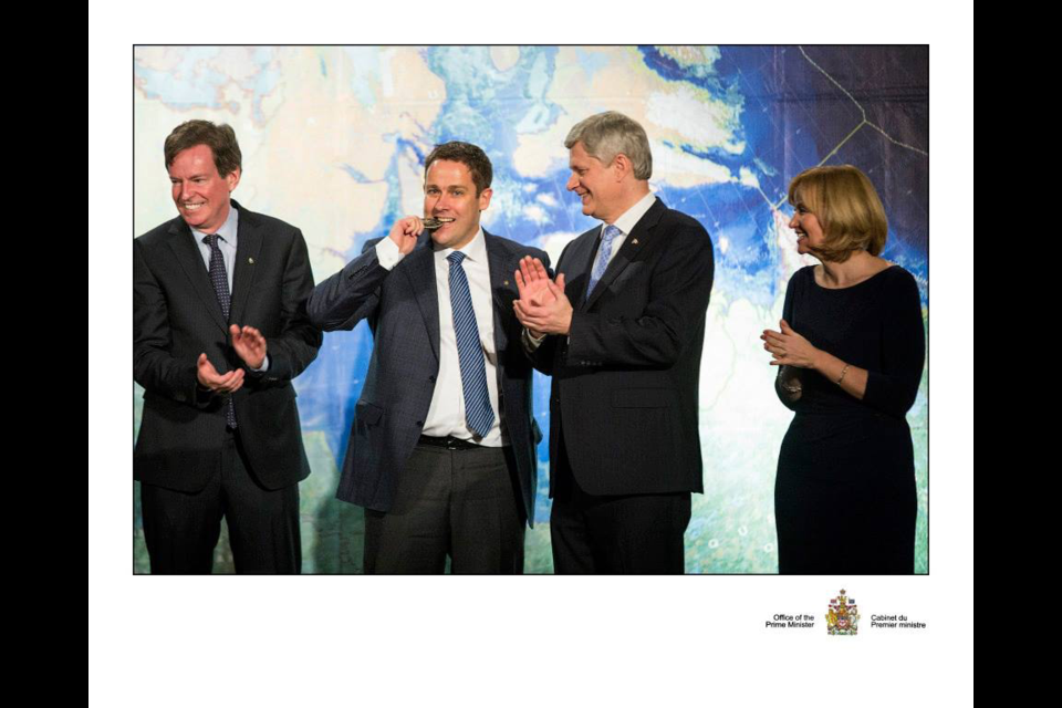 One Ocean Expeditions principal owner Andrew Prossin, second from left, was awarded a special medal for his work finding a sunken Arctic expedition boat, which Prime Minister Stephen Harper, right, took a particular interest in, as Harper aimed to establish a greater Arctic presence for Canada during his tenure. Photo by Office of the Prime Minister.