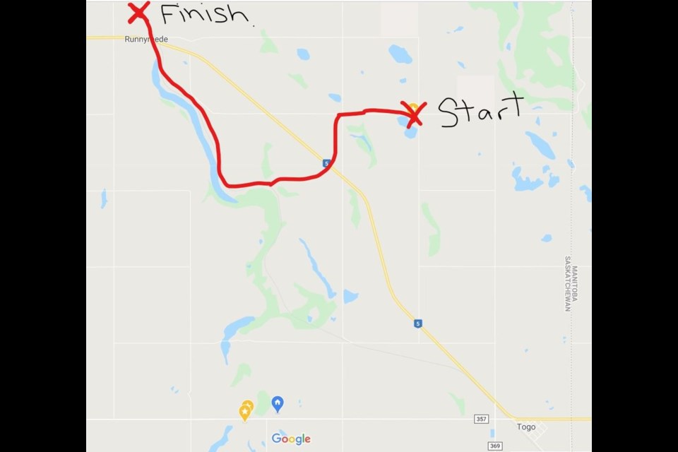 This Google Earth map shows the path the Burback herd of cattle followed on their journey to Runnymede. The village of Togo is located in the lower, right-hand corner.