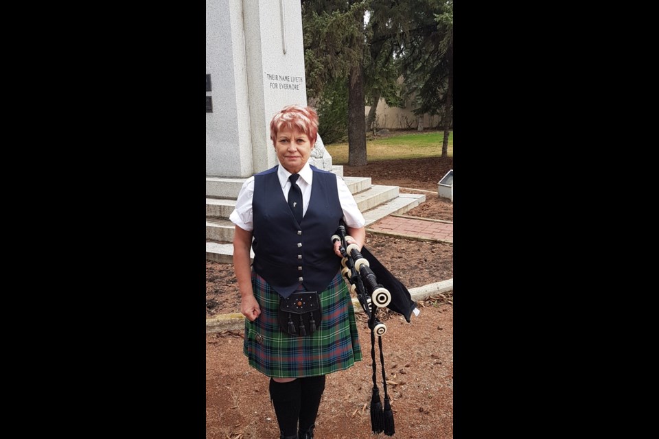 Lynda Lyon-Walls piped at the Cenotaph in North Battleford for VE Day 75. Photo submitted