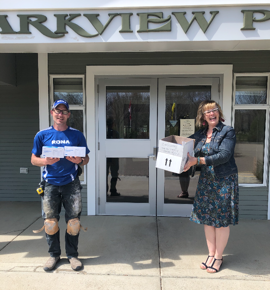 Bryce Aldred, RONA Macklin employee, is donates masks and sanitizers to Parkview Place in Unity as part of his employer’s initiative to give back to the communities they serve. Photo submitted
