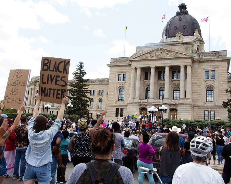 Protesters gathered outside of the Regina Legislative Buildings on June 2 to protest against police brutality and racial inequality.