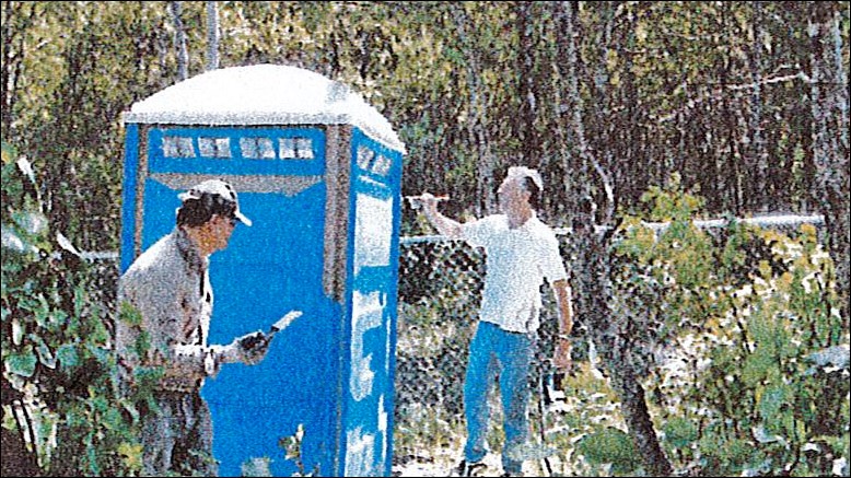 The blue toilet at Stoney Crest Cemetery was painted to blend in with the scenery. It has now disappeared.