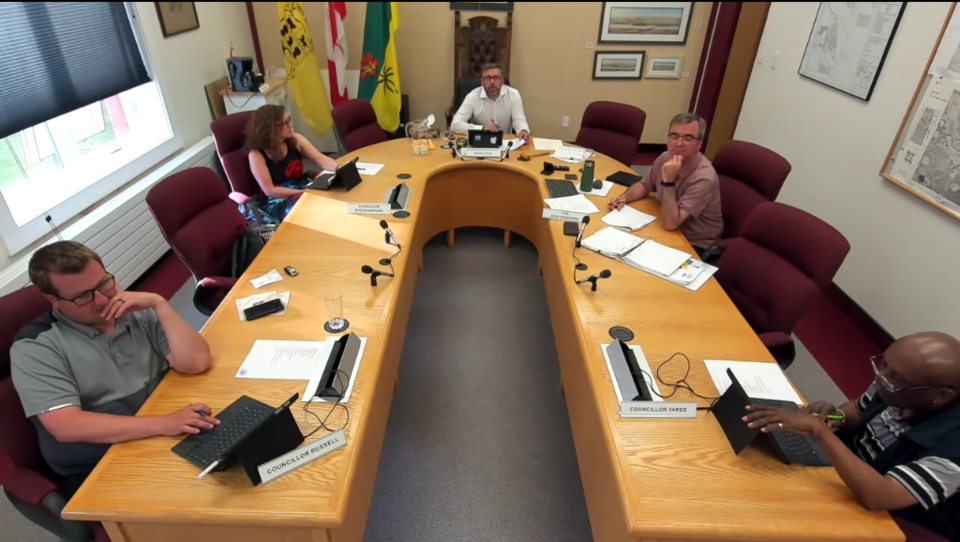 Town of Battleford CAO John Enns-Wind, top right, at his final meeting. Screenshot by John Cairns