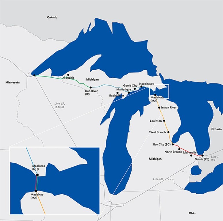 Enbridge’s Line 5 crosses the straits connecting Lake Michigan and Lake Huron. Map courtesy Enbridge