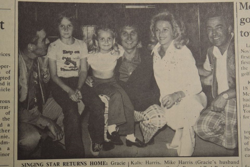 Gracie Dee, the daughter of Mr. and Mrs. Walter Marchinko, returned to Canora to perform at the Lions Club show and dance at the Civic Centre. From left, were: Paul Stankewich (Lions’ past president), Kim and Katie Harris, Mike Harris (Grace’s husband and manager), Gracie Dee and Ted Rock (club president). Harris played violin and the two children formed a dance team.