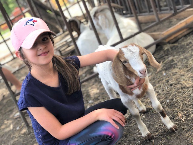 Halle Zaharia pets a kid goat. (Submitted Photo by Darcy Zaharia)