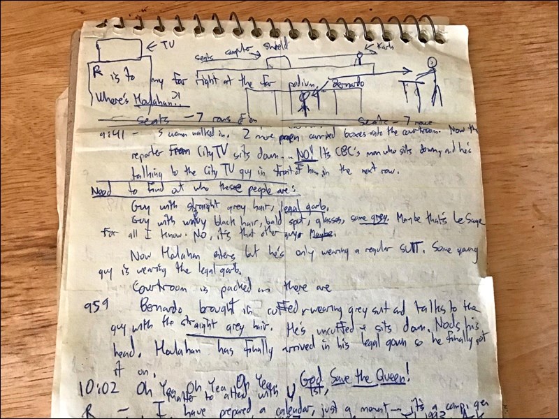 A page of my notes from the trial. Photo by John Cairns