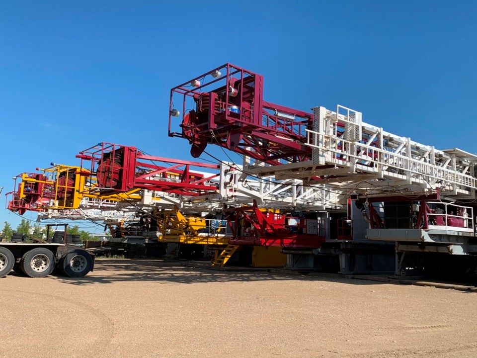 Five drilling rigs could be seen parked at Sam’s Trucking in Estevan on July 16. Normally, these rig