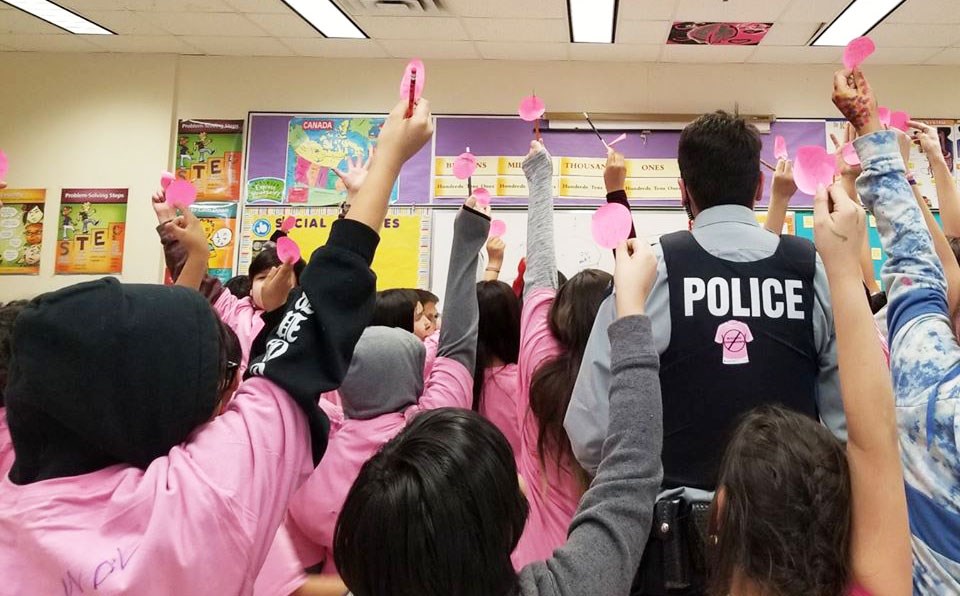 Saskatchewan RCMP F Division is launching a pilot project aimed at working with youth to address the root causes of crime in their communities. The newly created Youth Advisory Committee will work with 100 youth at nine detachments, including North Battleford and Meadow Lake. The youth on the committee will be expected to promote events such as Pink Shirt Day. This photo of Const. Villeneuve was taken during Pink Shirt Day Activities on Onion Lake Cree Nation last year. Const. Villeneuve, Const. Cumby and Const. Vandereyk, along with RCMP Community Program Officer Laili Yazdani,delivered workshops and participated in interactive games with students at Onion Lake Cree Nation on Pink Shirt Day.