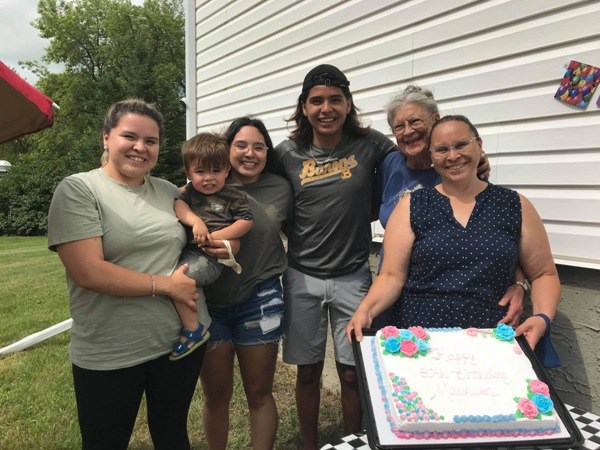 Maureen Campbell was guest of honour at an 80th birthday celebration in Meota last week. In the photo are Maureen and her family: Paige Moosomin, Hudson Desjarlais, Faith Bird, Rocsyn Bird, Maureen Campbell and her daughter Cora Bird. Photo by Lorna Pearson
