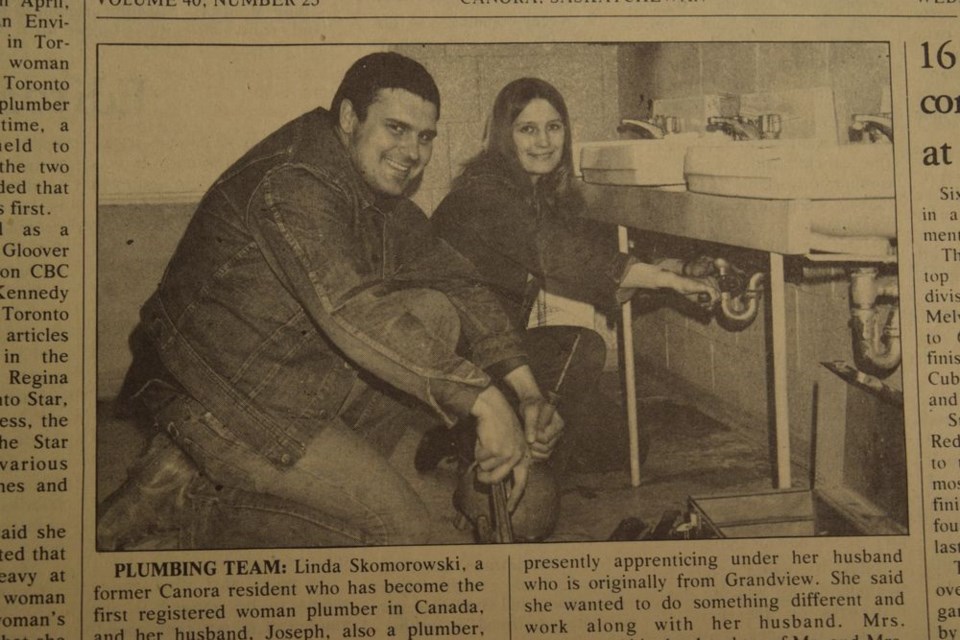 Linda Skomorowski, daughter of Mr. and Mrs. Barry Cymbalisty of Canora, became the first registered female plumber in Canada in 1975. She and her husband, Joseph, also a plumber, established Joe-Lin Plumbing and Heating at Norquay.