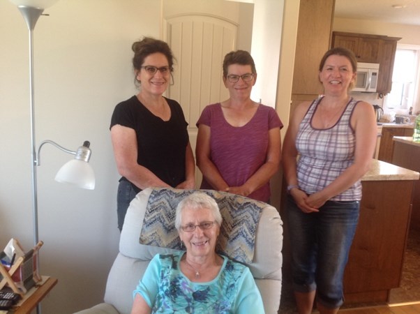 Arlene Walker and her three daughters, Jodie Gabruck Tracy Esquirol and Charlene Anderson at her home in Meota. Arlene was guest of honour at a come and go tea hosted to celebrate her 80th birthday Aug. 18. Photo by Lorna Pearson