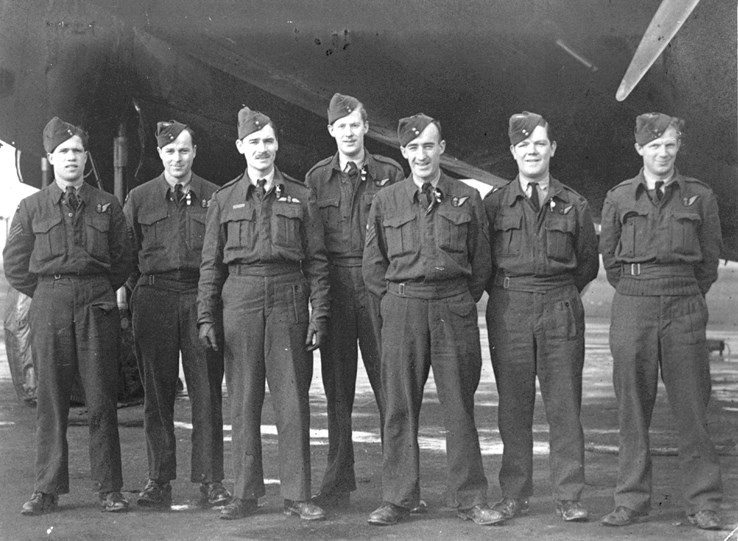 This is the official crew photo taken February 18, 1945 at 550 Squadron at North Killingholme by the base photographer.  From left to right: Douglas Hicks (my great-uncle), Tom Ditson, Robert Harris, Kenneth Smith, David Yemen, Gerard Kelleher, Gordon Nicol.  Source: 550 Squadron Association.