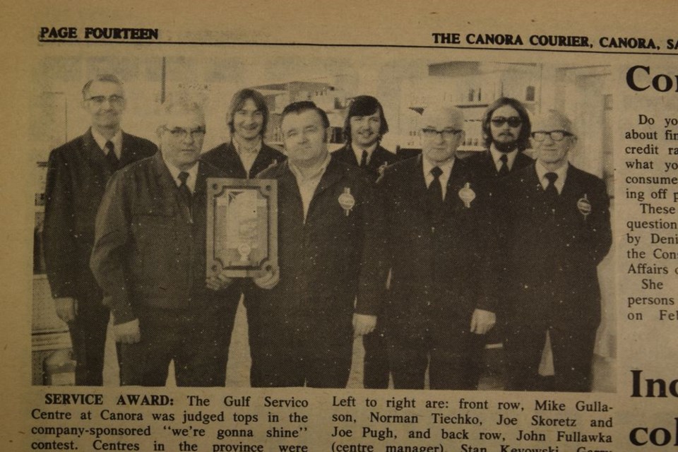The Gulf Servico Service Centre at Canora was judged tops in the company-sponsored “we’re gonna shine” contest. Centres in the province were judged for cleanliness and appearance. From left, were: (back row) John Fullawka (centre manager), Stan Keyowski, Garry Kitchen and Vincent Pawlik; and (front) Mike Gullason, Norman Tiechko, Joe Skoretz and Joe Pugh.
